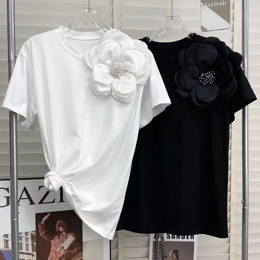 3D Beaded Flowers Stitch Short Sleeve Tshirt Three-Dimensional Big Flower Decorative Loose Casual T-shirt for Women Cotton Tops