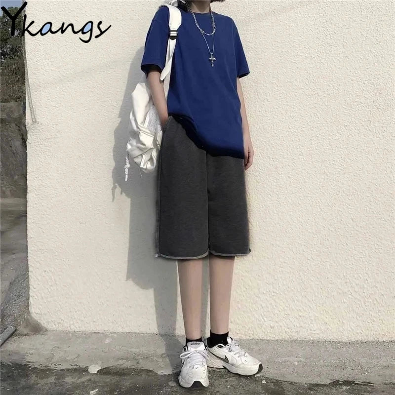 Oversized Shorts Women Gaussian Blur Scares Kittens Print Short Y2k Street Couple Five-point Elastic High Waist Basketball Short