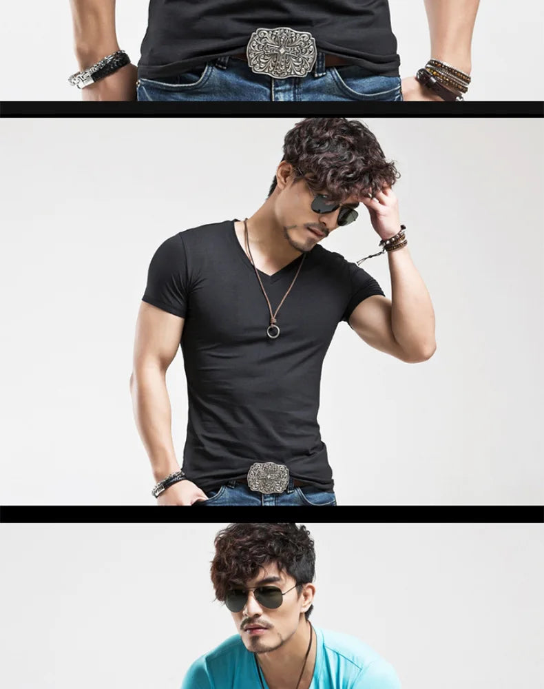 2026 Brand New Men T Shirt Tops V neck Short Sleeve Tees Men's Fashion Fitness Hot T-shirt For Male Man T-shirt Size 5XL