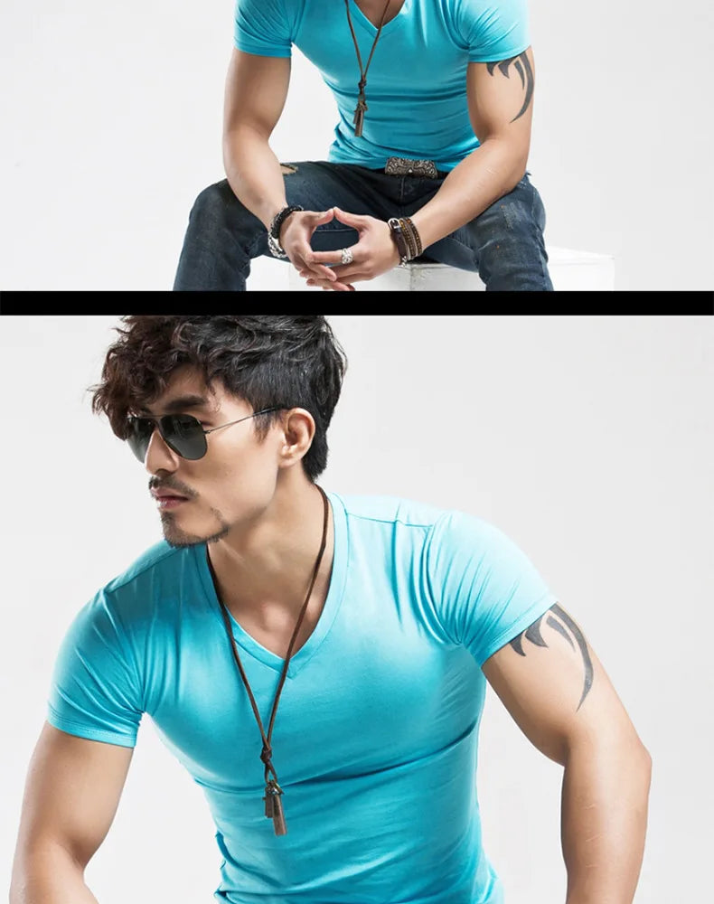 2026 Brand New Men T Shirt Tops V neck Short Sleeve Tees Men's Fashion Fitness Hot T-shirt For Male Man T-shirt Size 5XL