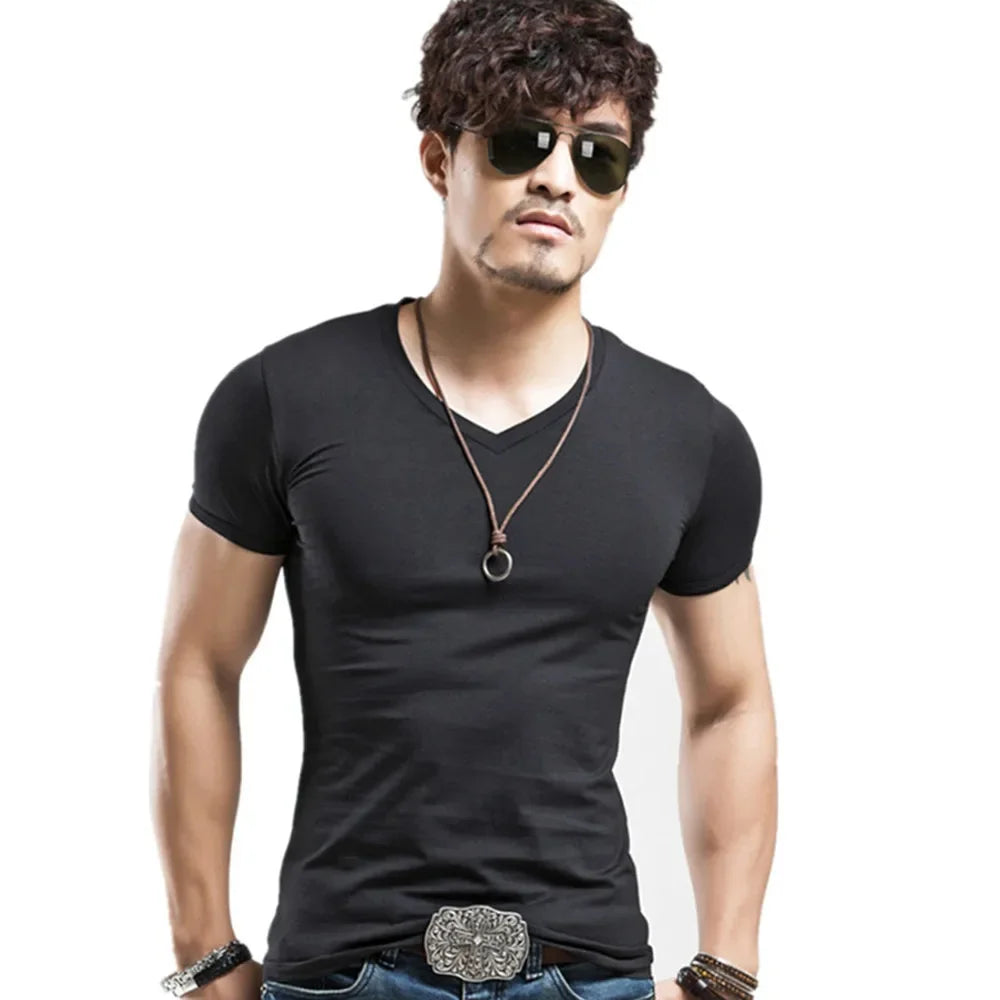 2026 Brand New Men T Shirt Tops V neck Short Sleeve Tees Men's Fashion Fitness Hot T-shirt For Male Man T-shirt Size 5XL