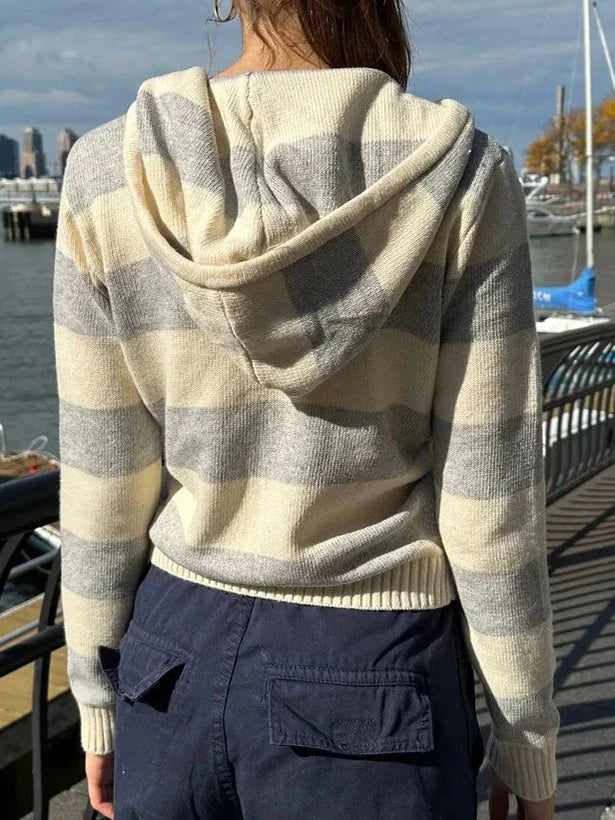 Striped Knitted Cropped Sweater Cardigan Women Autumn Long Sleeve Hooded Zipper Short Streetwear Knitwear Sweaters Y2K Crop Tops
