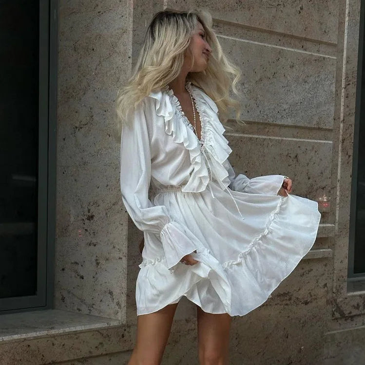 2025 Women Summer Loose Style Flare Sleeve White Dress Long Dress Sexy V-Neck Boho Dress Vestidos Clothes