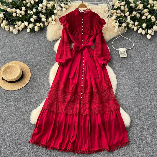 French Series Ruffle Hollow Out Lace Spliced Stand Collar Bandage Long Dress Women's French Waist Single Breasted Sweet Dresses