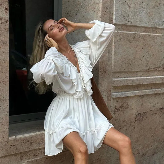 2025 Women Summer Loose Style Flare Sleeve White Dress Long Dress Sexy V-Neck Boho Dress Vestidos Clothes