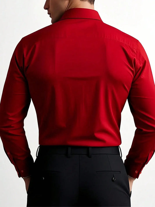 Men's Solid Red Long Sleeve Formal Dress Shirt for Business Office Wear