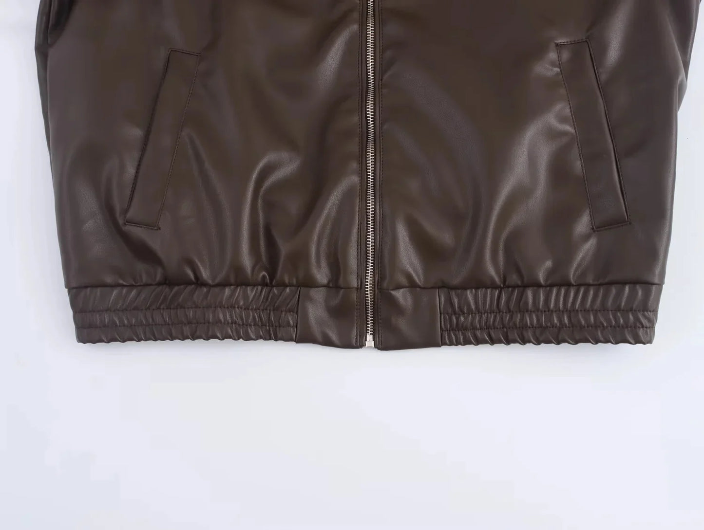 KONDALA 2026 Spring Summer Brown Business Casual Faux Leather Women Jackets Chic Valentine‘s Day Spliced Zipper Ladies Jackets
