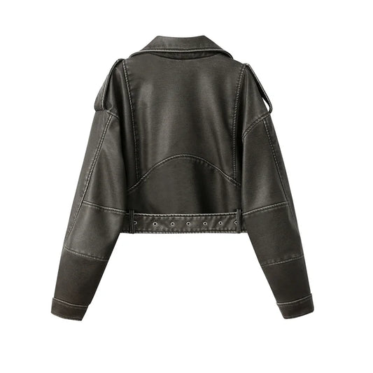 2025New Coal graysty le Women's washed leather jacket with belt, short coat with downgraded zipper and vintage lapel jacket