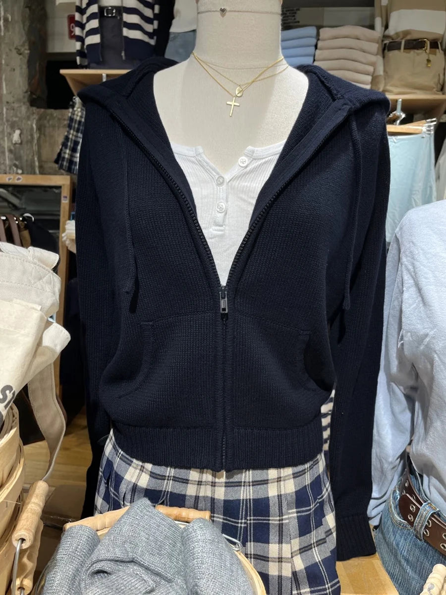 Striped Knitted Cropped Sweater Cardigan Women Autumn Long Sleeve Hooded Zipper Short Streetwear Knitwear Sweaters Y2K Crop Tops