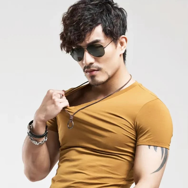 2026 Brand New Men T Shirt Tops V neck Short Sleeve Tees Men's Fashion Fitness Hot T-shirt For Male Man T-shirt Size 5XL