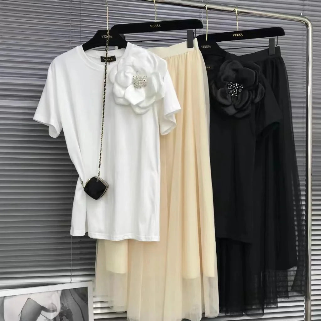3D Beaded Flowers Stitch Short Sleeve Tshirt Three-Dimensional Big Flower Decorative Loose Casual T-shirt for Women Cotton Tops