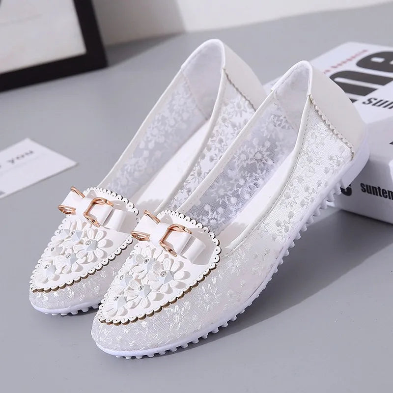 Summer Breathable Solid Color Vulcanized Shoes Floral Embroidery Bowknot Loafers Women Non-slip Flower Sneakers Chaussure Femmes