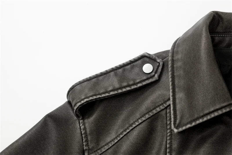 2025New Coal graysty le Women's washed leather jacket with belt, short coat with downgraded zipper and vintage lapel jacket