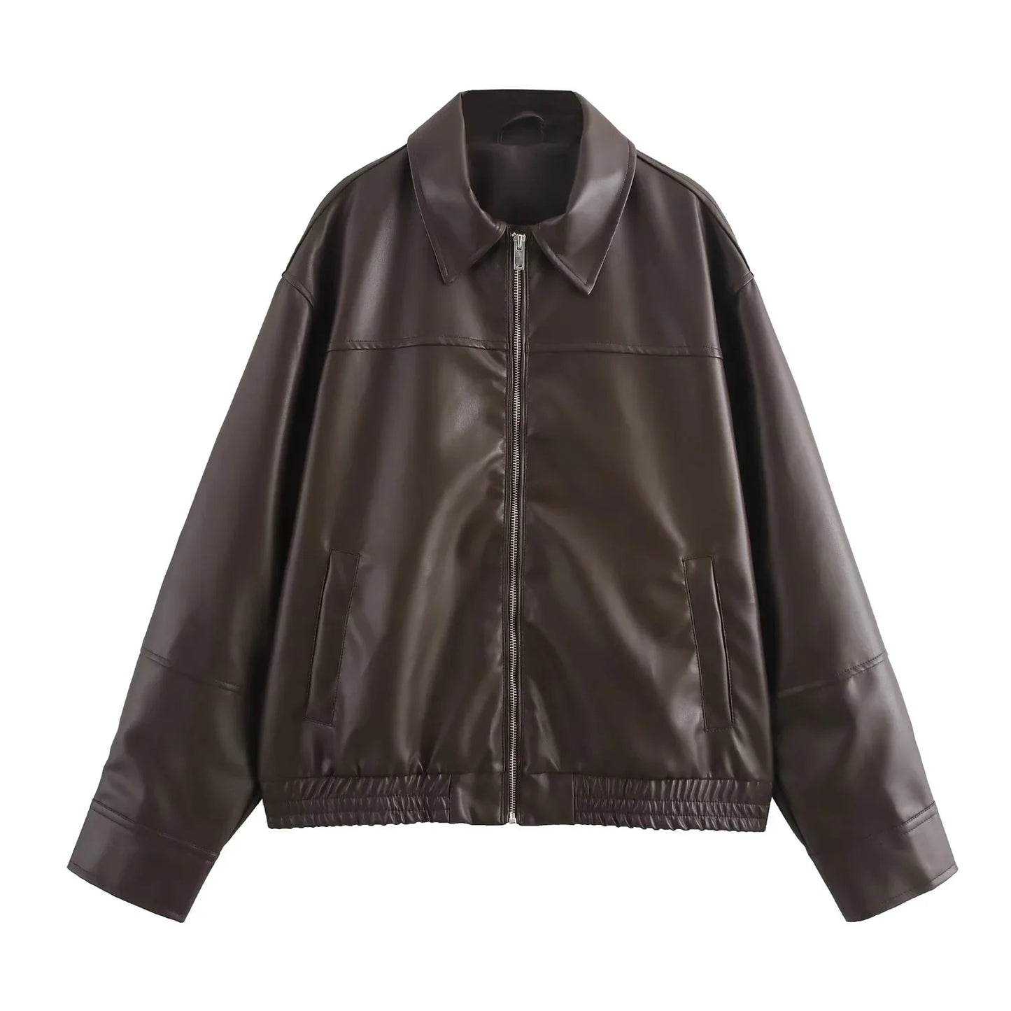 KONDALA 2026 Spring Summer Brown Business Casual Faux Leather Women Jackets Chic Valentine‘s Day Spliced Zipper Ladies Jackets