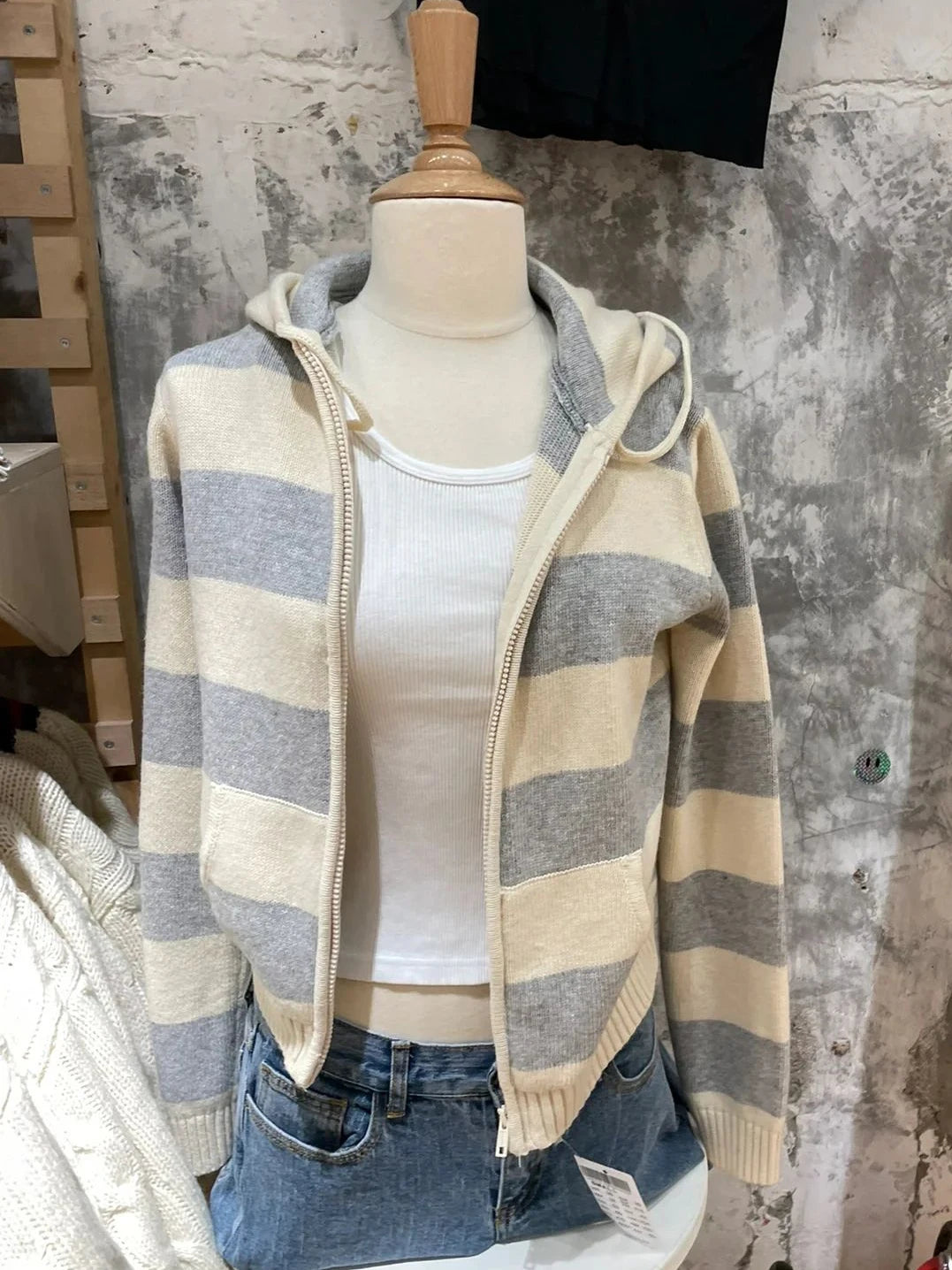 Striped Knitted Cropped Sweater Cardigan Women Autumn Long Sleeve Hooded Zipper Short Streetwear Knitwear Sweaters Y2K Crop Tops