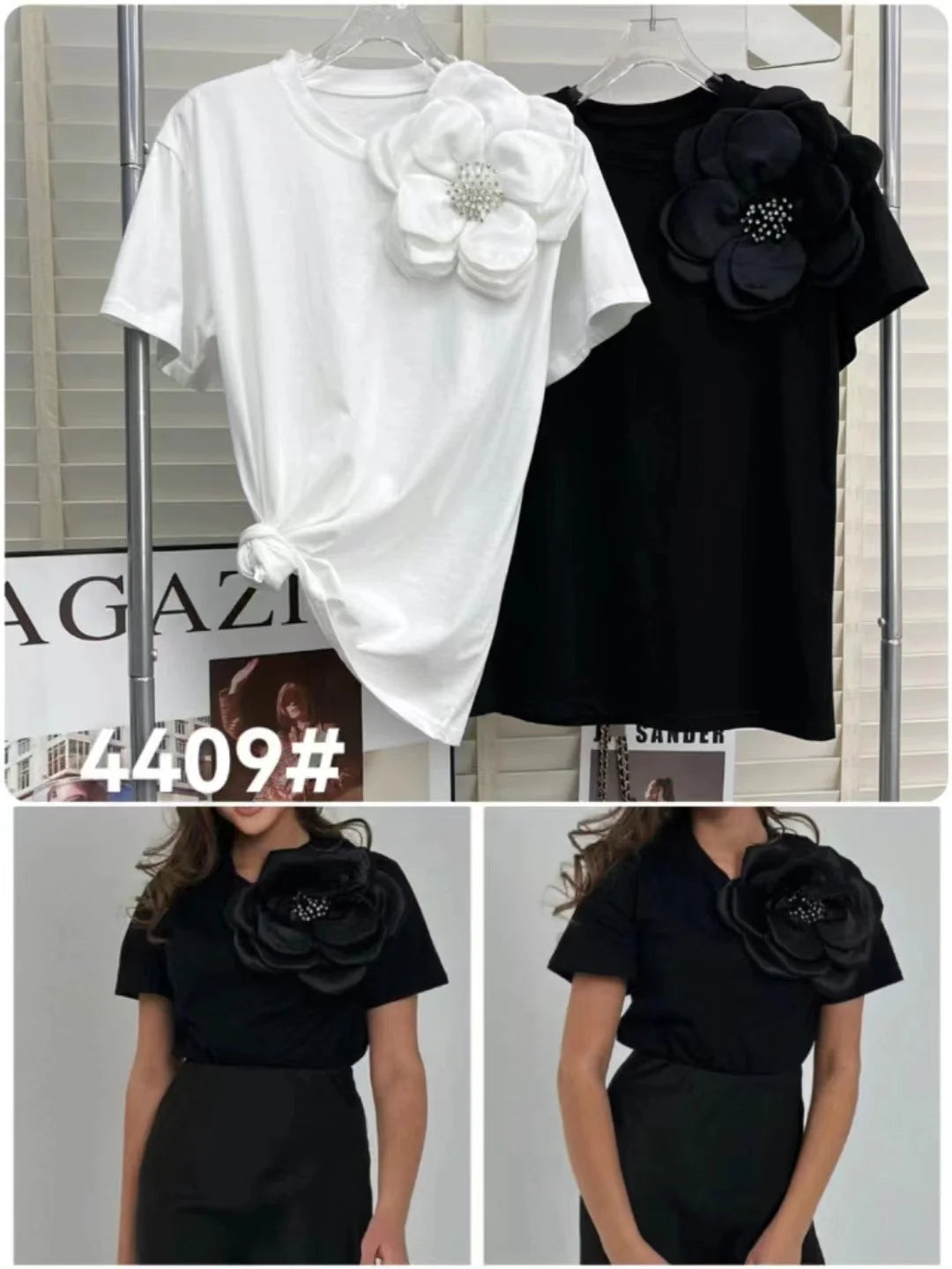 3D Beaded Flowers Stitch Short Sleeve Tshirt Three-Dimensional Big Flower Decorative Loose Casual T-shirt for Women Cotton Tops