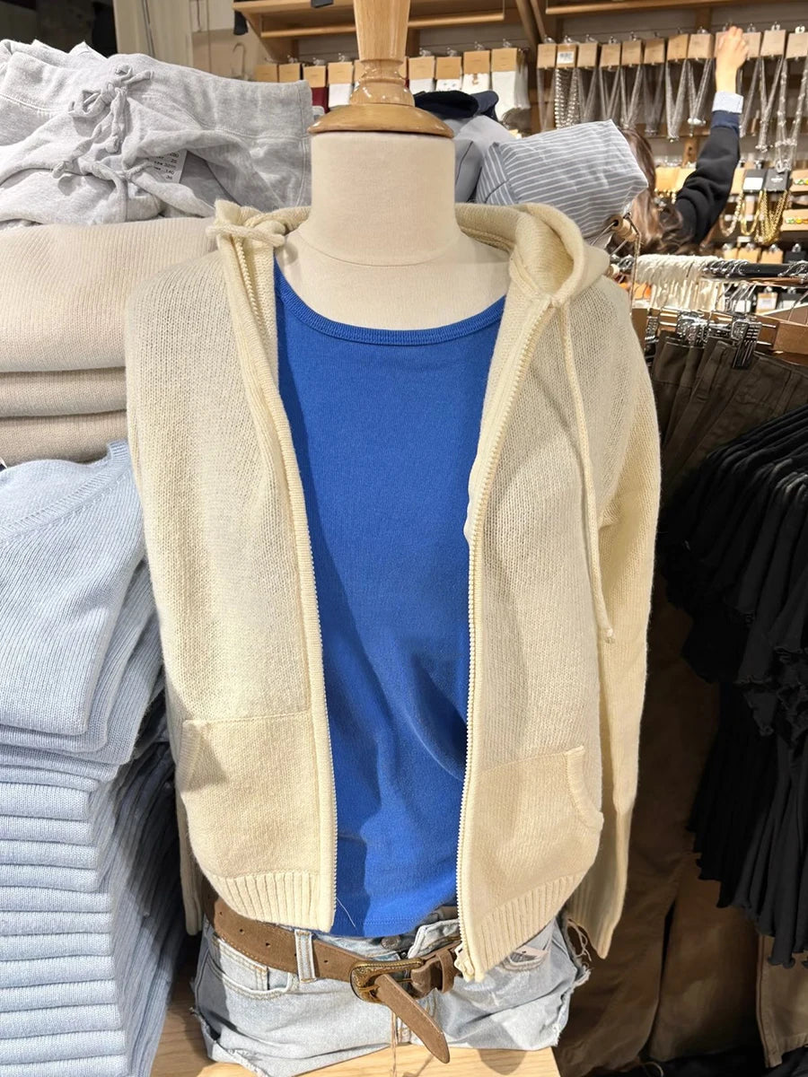 Striped Knitted Cropped Sweater Cardigan Women Autumn Long Sleeve Hooded Zipper Short Streetwear Knitwear Sweaters Y2K Crop Tops