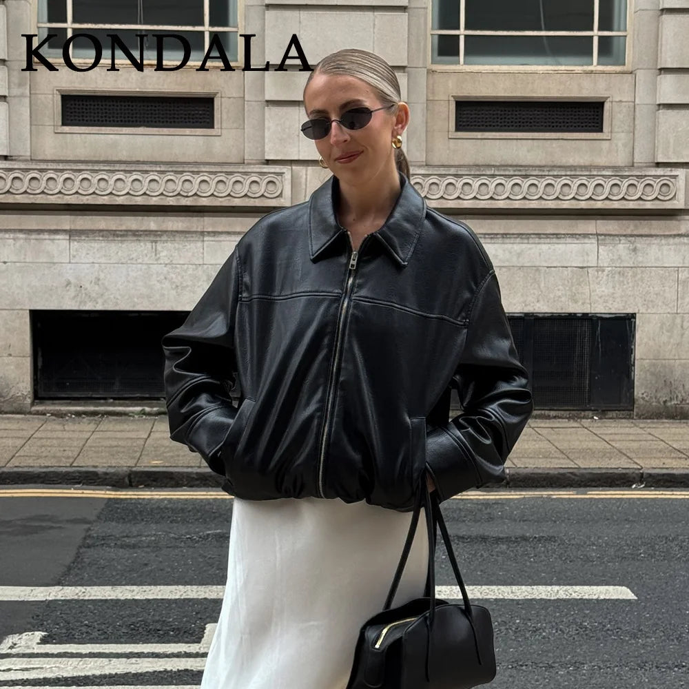 KONDALA 2026 Spring Summer Brown Business Casual Faux Leather Women Jackets Chic Valentine‘s Day Spliced Zipper Ladies Jackets