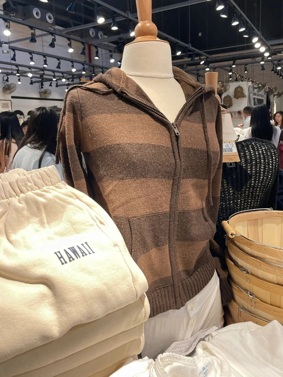 Striped Knitted Cropped Sweater Cardigan Women Autumn Long Sleeve Hooded Zipper Short Streetwear Knitwear Sweaters Y2K Crop Tops