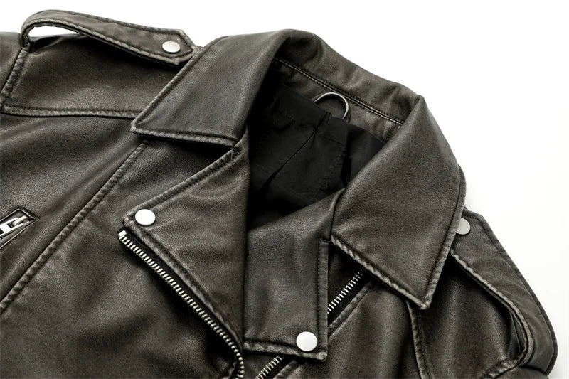 2025New Coal graysty le Women's washed leather jacket with belt, short coat with downgraded zipper and vintage lapel jacket