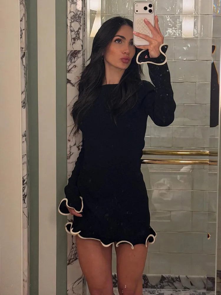 Tossy Fashion Women's Knit Mini Dress Ruffled Autumn High Waist Elegant Slim Party Dress Patchwork Knitwear Sweater Female Dress