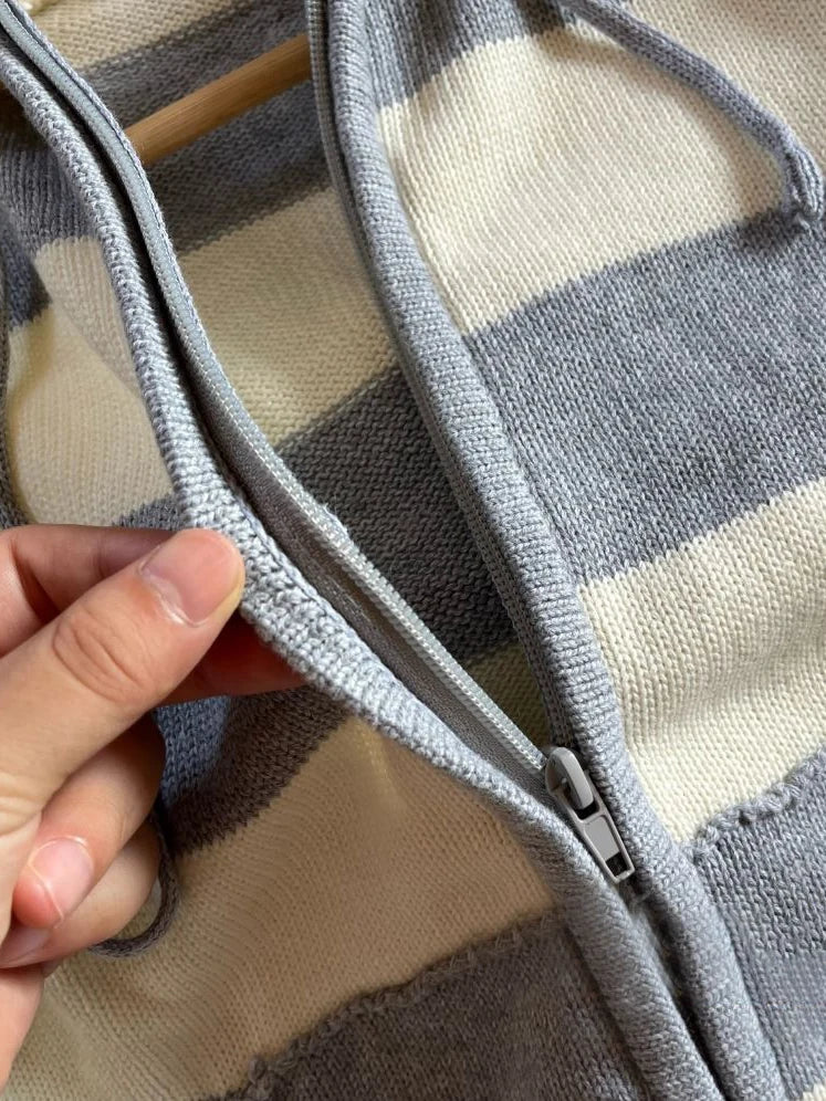 Striped Knitted Cropped Sweater Cardigan Women Autumn Long Sleeve Hooded Zipper Short Streetwear Knitwear Sweaters Y2K Crop Tops