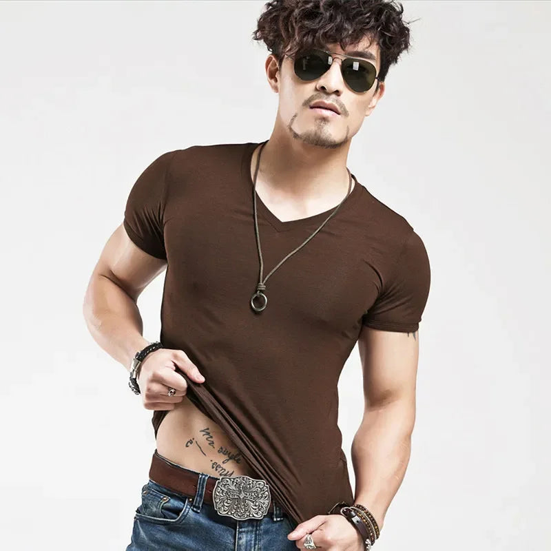 2026 Brand New Men T Shirt Tops V neck Short Sleeve Tees Men's Fashion Fitness Hot T-shirt For Male Man T-shirt Size 5XL