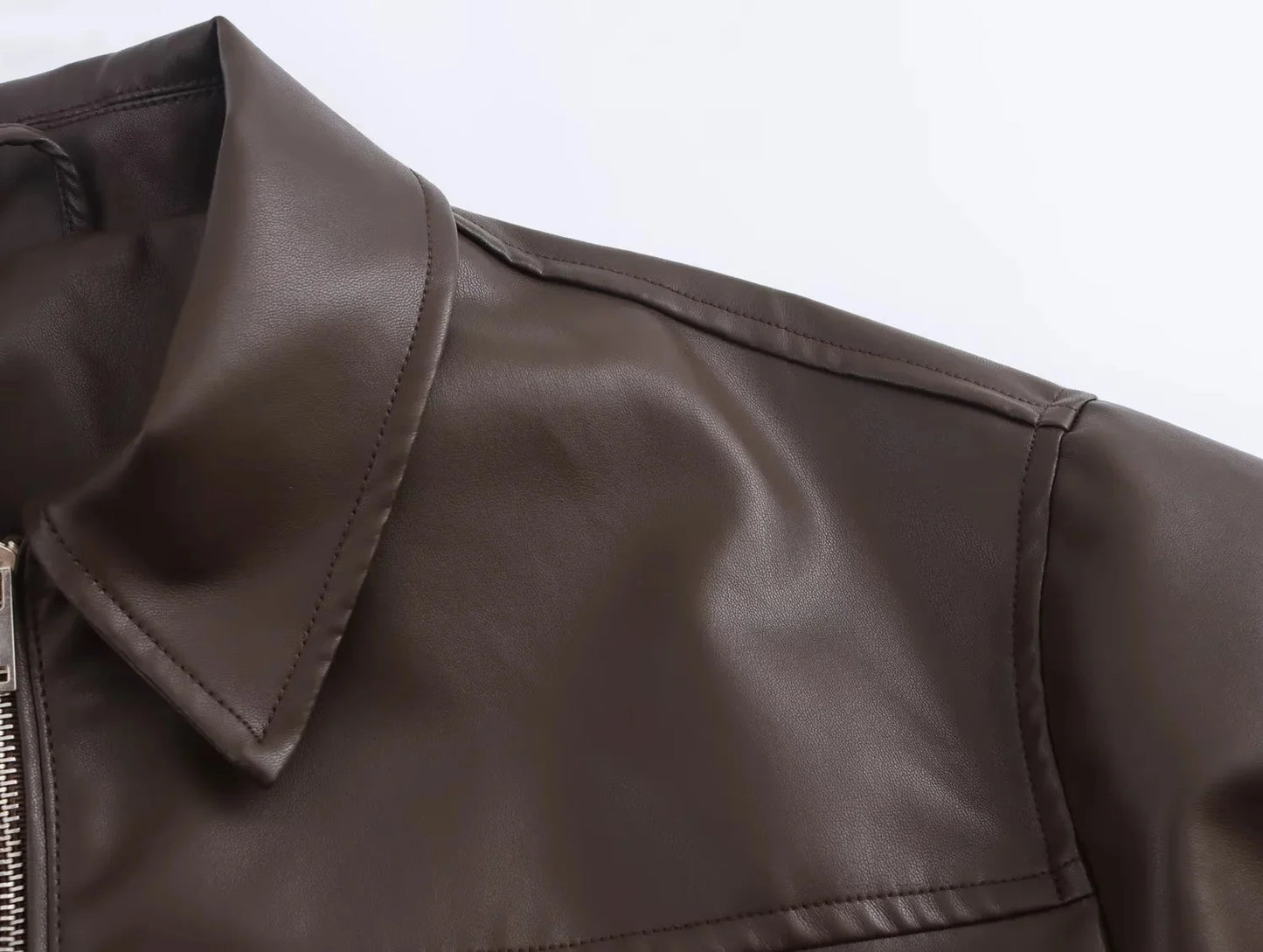 KONDALA 2026 Spring Summer Brown Business Casual Faux Leather Women Jackets Chic Valentine‘s Day Spliced Zipper Ladies Jackets