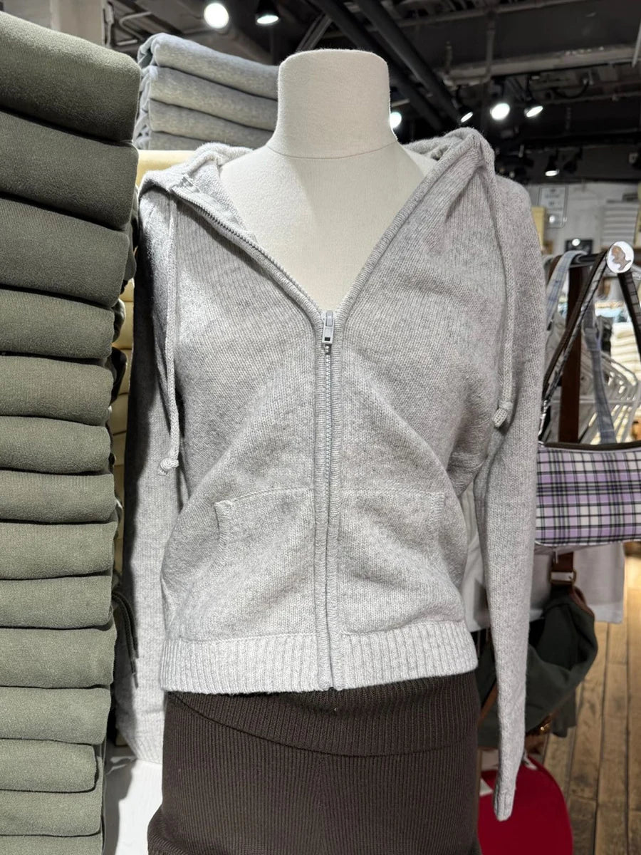 Striped Knitted Cropped Sweater Cardigan Women Autumn Long Sleeve Hooded Zipper Short Streetwear Knitwear Sweaters Y2K Crop Tops