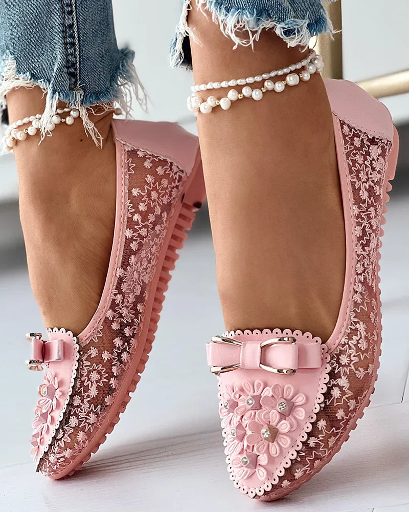 Summer Breathable Solid Color Vulcanized Shoes Floral Embroidery Bowknot Loafers Women Non-slip Flower Sneakers Chaussure Femmes