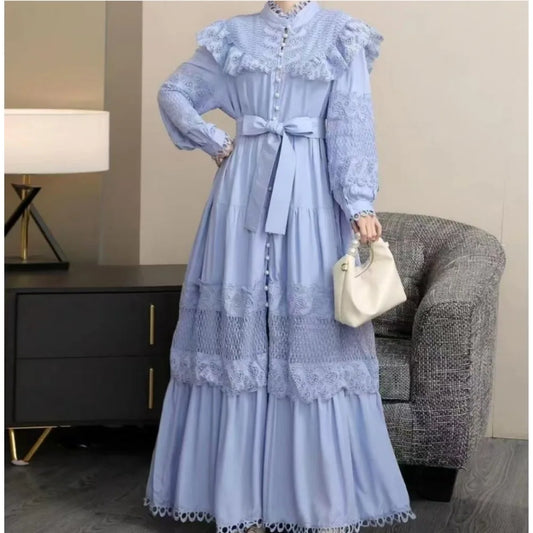 French Series Ruffle Hollow Out Lace Spliced Stand Collar Bandage Long Dress Women's French Waist Single Breasted Sweet Dresses