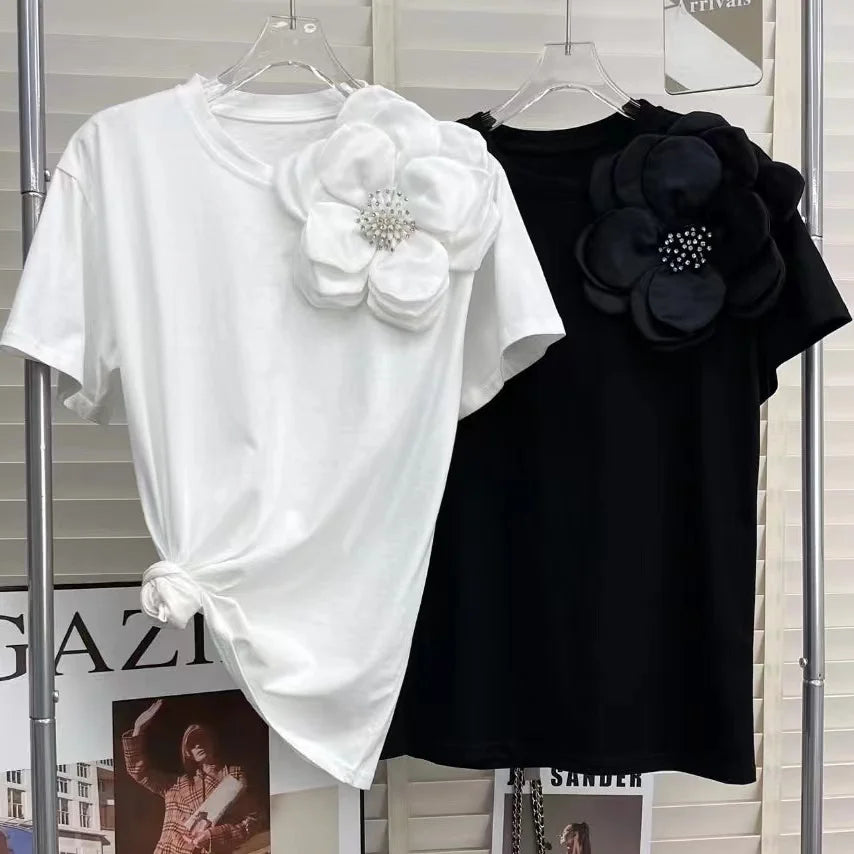 3D Beaded Flowers Stitch Short Sleeve Tshirt Three-Dimensional Big Flower Decorative Loose Casual T-shirt for Women Cotton Tops