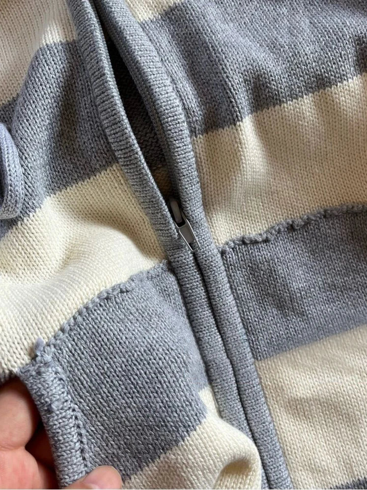 Striped Knitted Cropped Sweater Cardigan Women Autumn Long Sleeve Hooded Zipper Short Streetwear Knitwear Sweaters Y2K Crop Tops