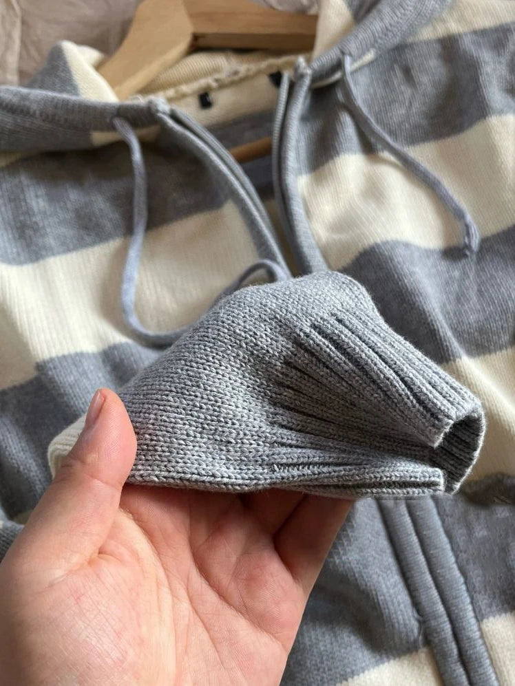 Striped Knitted Cropped Sweater Cardigan Women Autumn Long Sleeve Hooded Zipper Short Streetwear Knitwear Sweaters Y2K Crop Tops