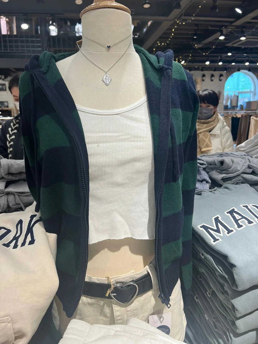 Striped Knitted Cropped Sweater Cardigan Women Autumn Long Sleeve Hooded Zipper Short Streetwear Knitwear Sweaters Y2K Crop Tops
