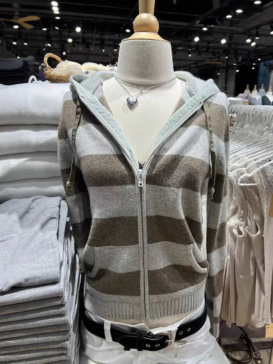 Striped Knitted Cropped Sweater Cardigan Women Autumn Long Sleeve Hooded Zipper Short Streetwear Knitwear Sweaters Y2K Crop Tops