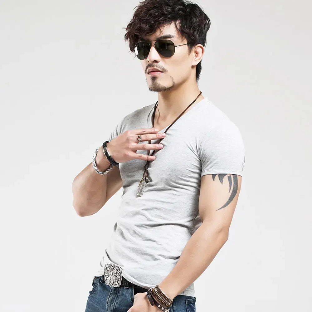 2026 Brand New Men T Shirt Tops V neck Short Sleeve Tees Men's Fashion Fitness Hot T-shirt For Male Man T-shirt Size 5XL