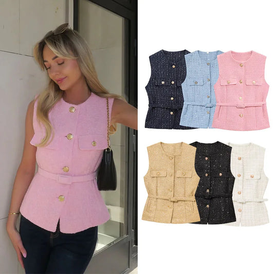 Tweed Sleeveless Women's Vests Round Neck Belted Slim Fit Summer Spring Office Lady Blazer Top Trend 2025 Waistcoats