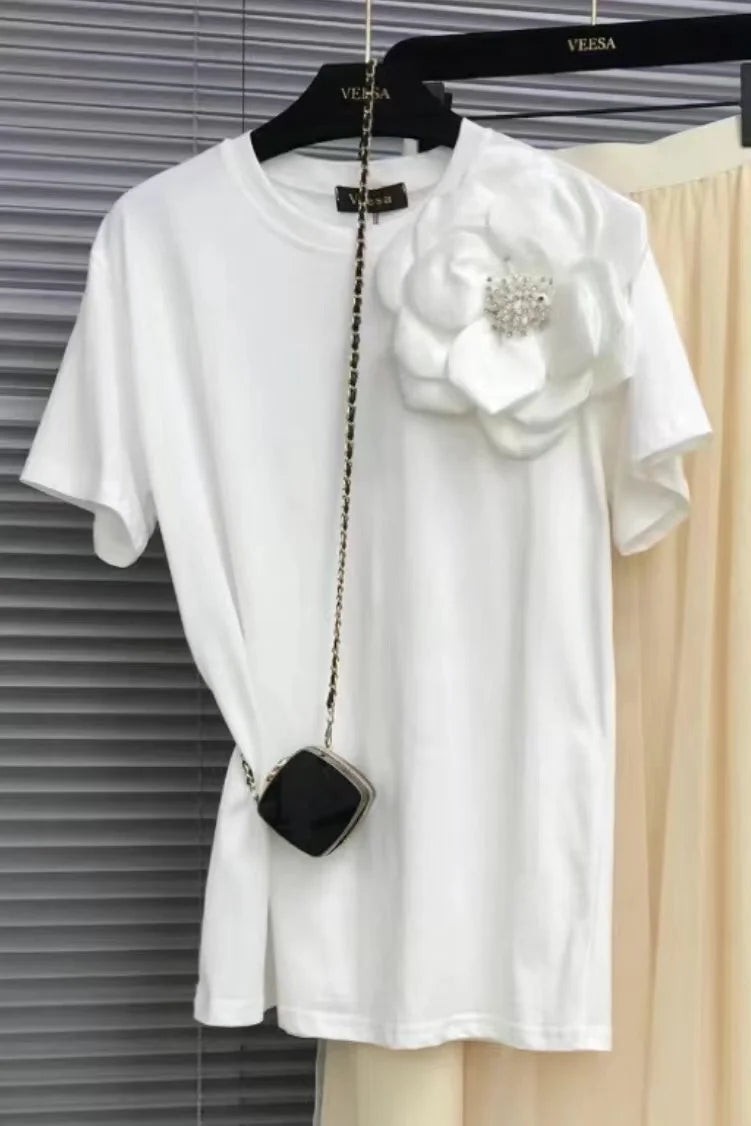 3D Beaded Flowers Stitch Short Sleeve Tshirt Three-Dimensional Big Flower Decorative Loose Casual T-shirt for Women Cotton Tops